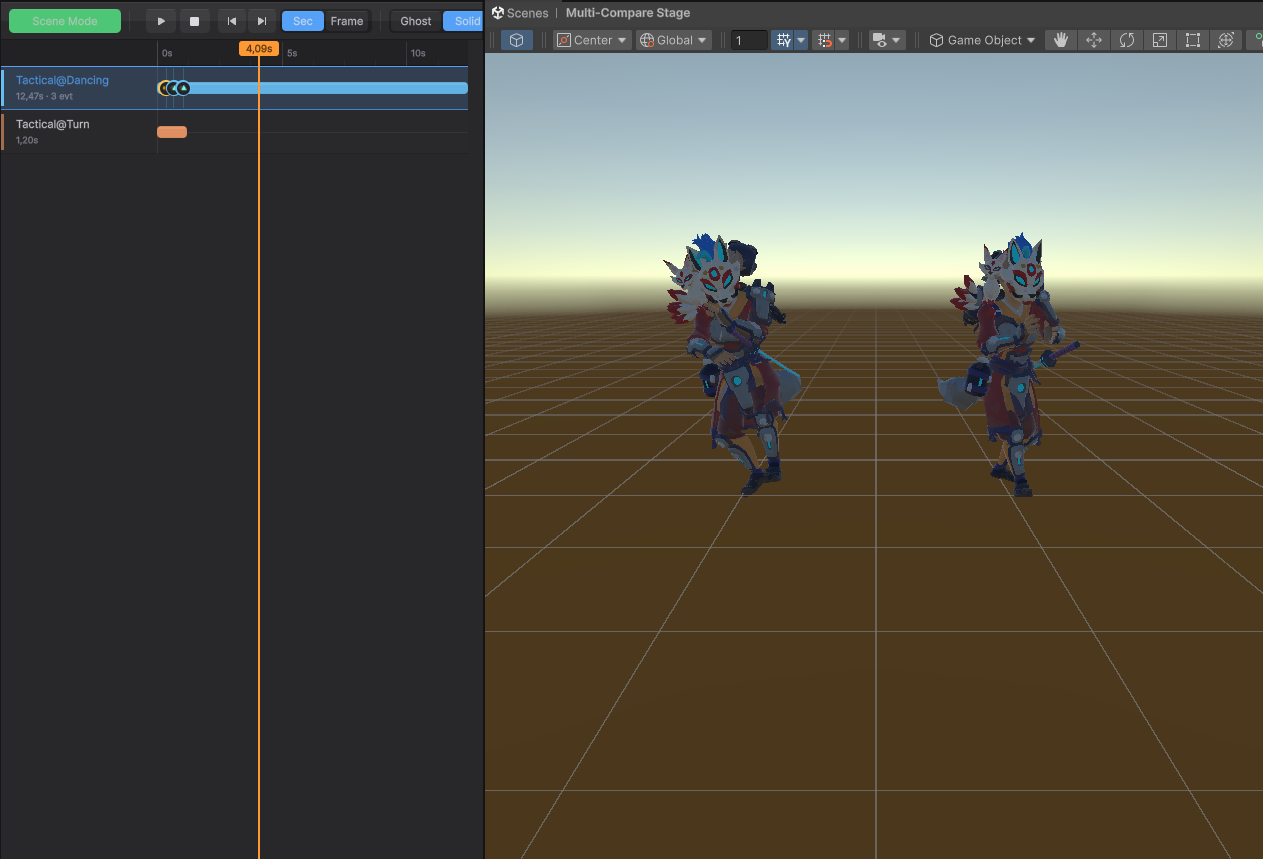 Two clips side by side on the compare stage, driven from one timeline