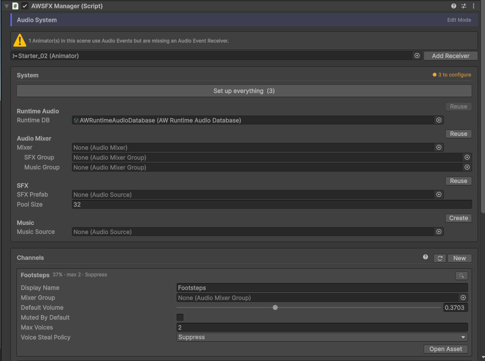 The AWSFXManager inspector with its setup step