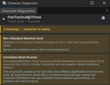 Character Diagnostics reporting a rig problem