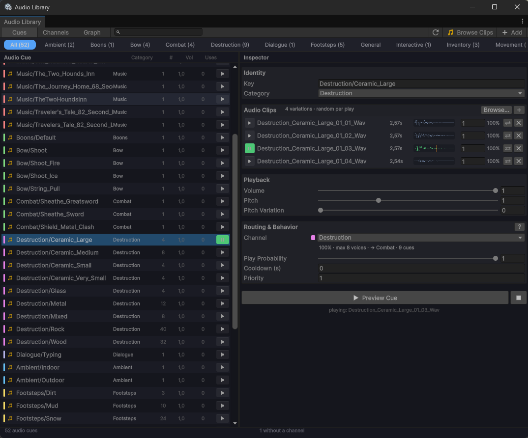 The Audio Library: cue list on the left, cue inspector on the right