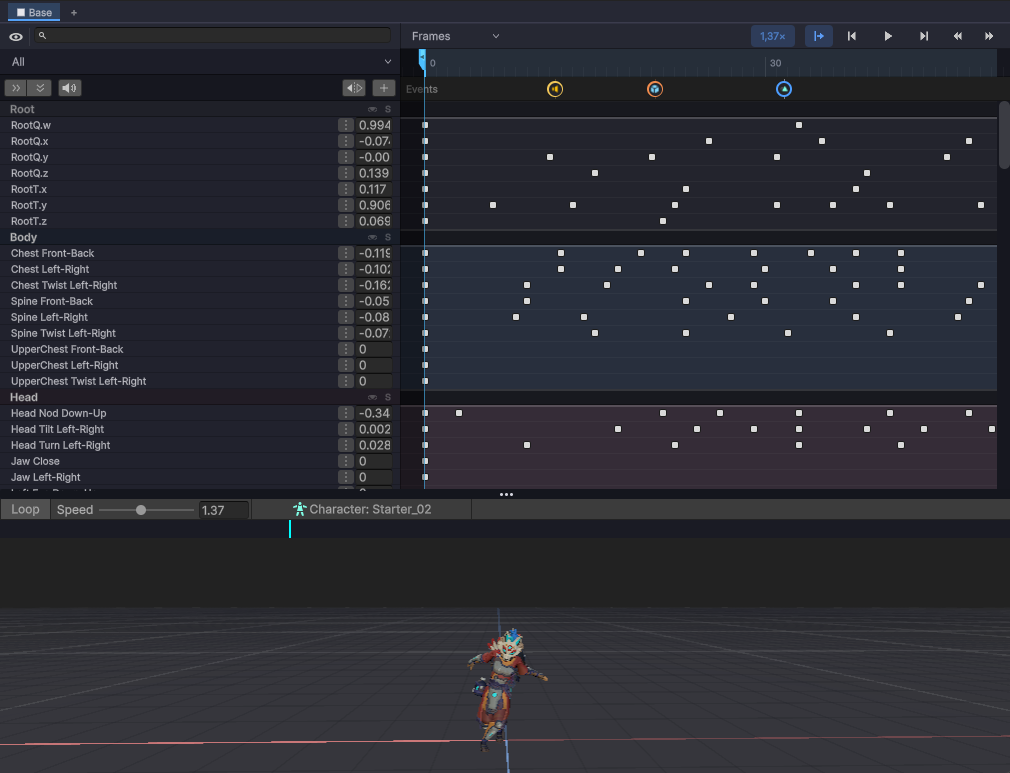 The Keyframe Editor with the dope sheet, layer strip and event track
