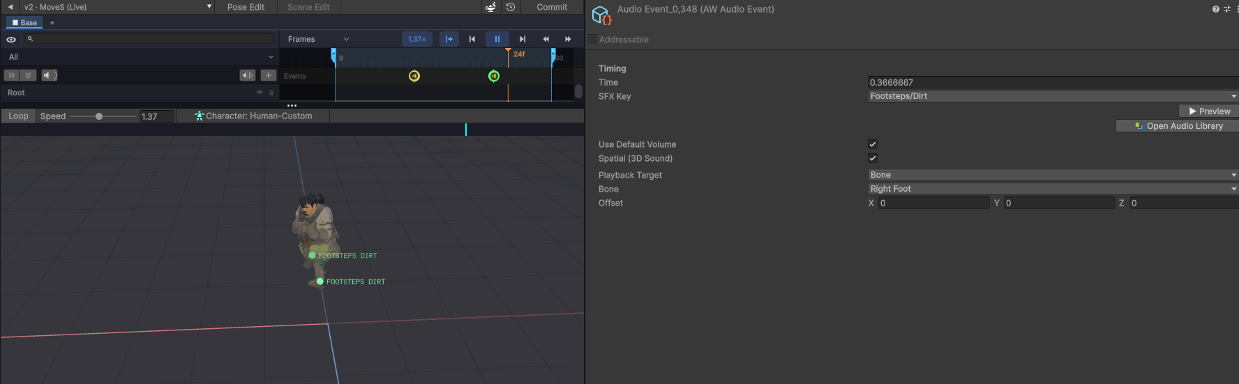 An audio event on the event track, with its inspector and its scene gizmo