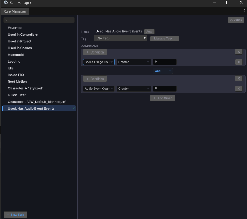 The Rule Manager: saved rules on the left, conditions joined by AND on the right