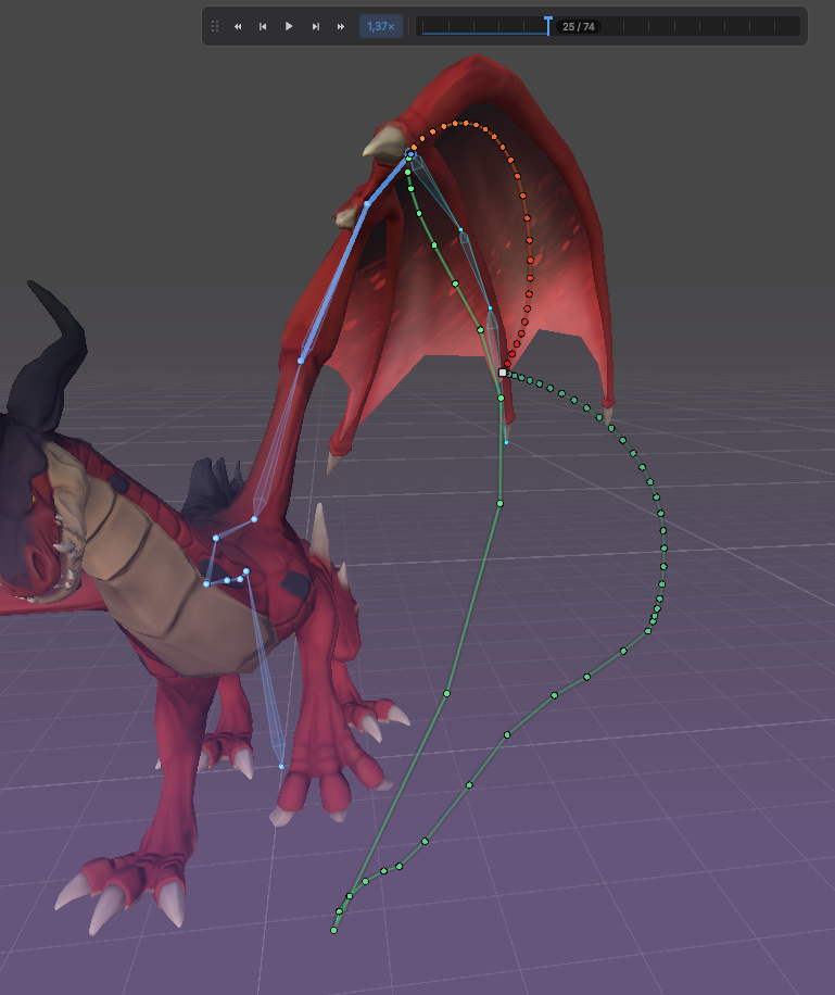 Motion trails on a wing, with one dot per frame
