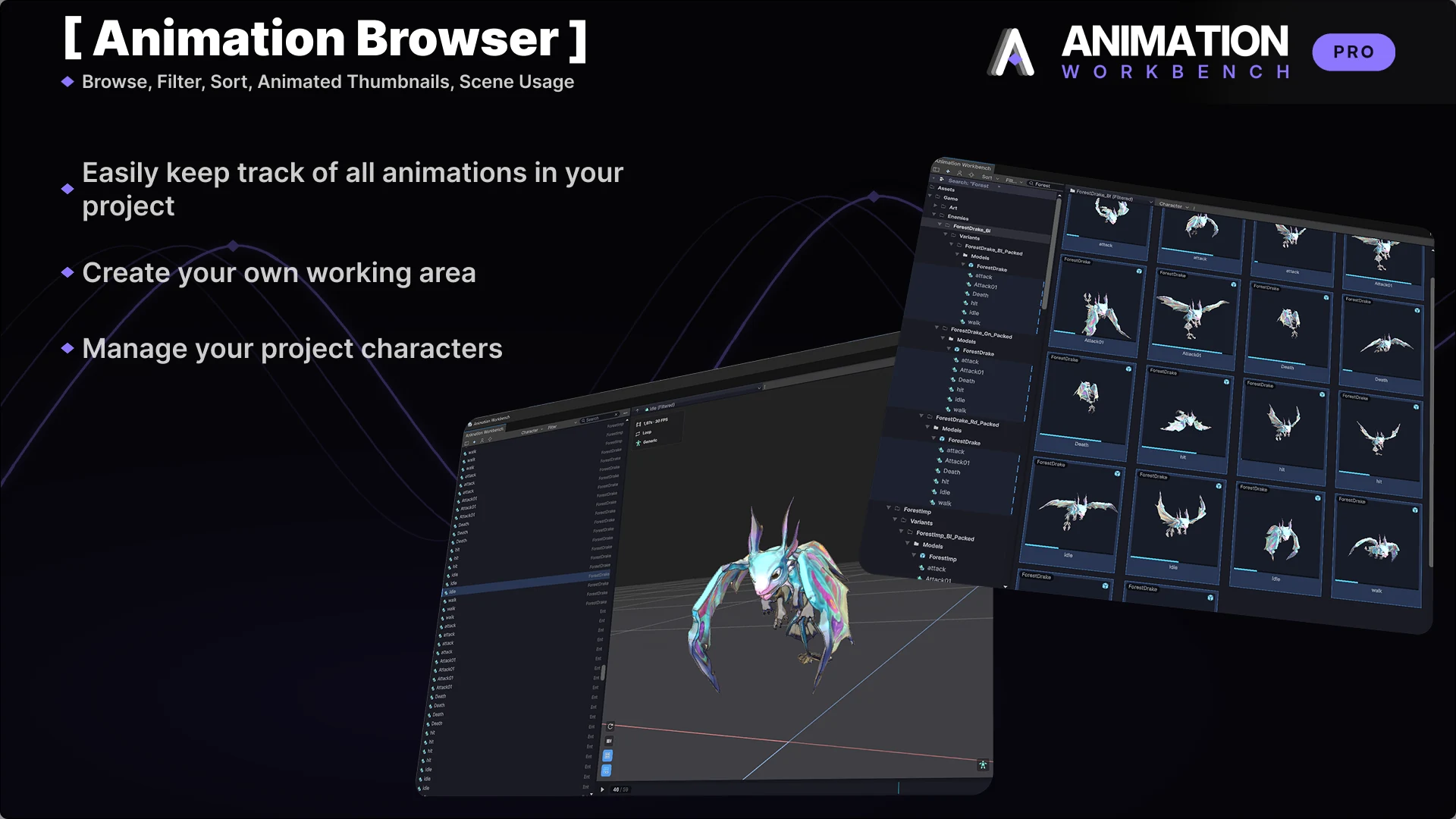 Animation Browser - browse, filter, sort, animated thumbnails and scene usage: the clip library beside a live preview of a creature mid-flight